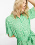 Monki tie waist midi shirt dress in green meadow