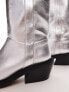 Topshop Rose premium leather western knee high boots in silver