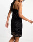 Фото #2 товара ASOS DESIGN embellished lattice mini dress with fringing and wave neckline in black