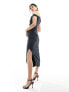 Фото #3 товара ASOS DESIGN bengaline fallen shoulder midi dress with ruched waist and twist shoulder detail in charcoal