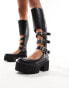 Lamoda Lift Up chunky knee boots with cut out buckle detail in black