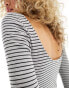 Monki long sleeve scoop back top in grey melange and black stripe