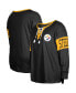 Фото #1 товара Women's Black Pittsburgh Steelers Plus Size Lace-Up Notch Neck Long Sleeve T-shirt