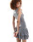 COLLUSION festival slash neck mini dress with ruffle detail in grey