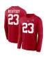 ფოტო #1 პროდუქტის Men's Christian McCaffrey Scarlet San Francisco 49ers Super Bowl LVIII Patch Player Name and Number Long Sleeve T-shirt