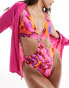 South Beach cut out marble print swimsuit in bright pink abstract print