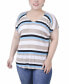 Plus Size Short Sleeve Striped V-neck Top Turquoise Multi Stripe, 2X - фото #1