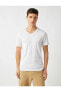 Erkek Beyaz Pamuklu V Yaka Basic Kısa Kollu T-Shirt