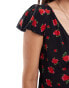 Brave Soul floral v neck midi dress with frill sleeves in red & black