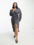 Фото #1 товара ASOS DESIGN Curve v neck midi dress with twist wrap detail in charcoal