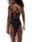 In The Style x Perrie Sian textured tie back swimsuit with pearl strap detail in black Черный, 34 - фото #4