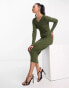 Фото #4 товара In The Style ribbed midi v neck dress in khaki