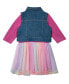 Little Girls One-Piece Mesh Skirt Dress with Denim Vest, 2-Pieces