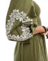 Фото #4 товара Accessorize ruched puff sleeve maxi beach dress in olive green