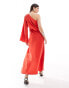 ASOS DESIGN satin off shoulder asymmetric maxi dress in red