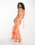 Фото #4 товара ASOS DESIGN sheer ruffle shoulder asymmetric hem maxi dress in orange floral jacquard