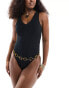 Фото #1 товара Daisy Street ruched bust textured swimsuit in black crinkle with retro flower belt