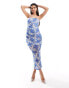 ASOS DESIGN bandeau midi dress with drape mesh bodice in blue tile print Kacheldruck, 46 - фото #1