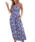 Women's Blue & White Ornate Sleeveless Halterneck Midi Beach Dress