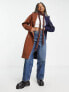 Noisy May formal longline coat in brown and navy colourblock
