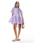 ASOS DESIGN puff sleeve smock mini dress in lilac gingham