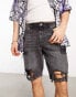 ASOS DESIGN skinny regular length denim shorts in washed black with heavy rip Черный, W32 - фото #4