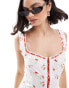 Фото #3 товара ASOS DESIGN cami strap with corset bodice with ribbon detail broderie mini dress in cherry print