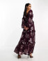 Фото #8 товара ASOS DESIGN Petite plunge pintuck maxi dress with cut out and frills in oxblood metallic floral jacquard