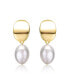 ფოტო #2 პროდუქტის Sterling Silver 14k Yellow Gold Plated Oval White Freshwater Pearl Drop Medallion Dangle Earrings