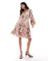 YAS pleated ruched full sleeve mini dress with low v beck in pink floral - MULTI