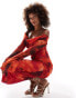 Фото #2 товара ASOS DESIGN cowl front mesh maxi dress with flare sleeve in red floral smudge print