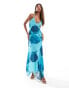 Фото #1 товара ASOS DESIGN mesh v-neck full maxi skirt with asymmetric hem in aqua floral print