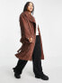 Daisy Street Plus midi corduroy coat with tie wrap waist in chocolate