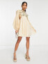 ASOS DESIGN embellished balloon sleeve mini dress with diamante cage cut out detail in beige