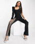 Фото #4 товара ASOS LUXE asymmetric one sleeve diamante cut out jumpsuit in black