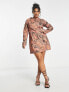ASOS DESIGN Curve cotton puff sleeve mini dress with removable sleeves in tan swirl print