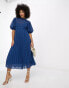 ASOS DESIGN high neck pleated chevron dobby midi dress with puff sleeve in navy