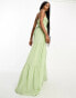 ASOS DESIGN Tall ruched bodice halter tiered maxi dress in sage green