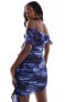 Фото #7 товара ASOS DESIGN mesh bardot mini dress with drape skirt and ruffle detail in blue abstract print