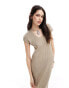 Pretty Lavish cap sleeve knit midi dress in stone Серый, L - DE 42-44 - фото #2