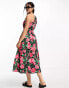 Moon River one shoulder tiered midi dress in black and pink floral