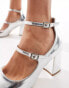 Simmi London Wide Fit Vinda mid block heel shoes with straps in silver metallic