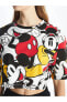 XSIDE Bisiklet Yaka Mickey Mouse Baskılı Kısa Kollu Kadın Crop