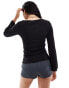 Vila ribbed long sleeve scoop neck top with lettuce edge detail in black