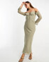 ASOS DESIGN cold shoulder long sleeve tie front bias maxi dress in khaki