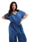 ONLY Curve short sleeve denim jumpsuit in mid wash