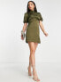 Фото #4 товара ASOS DESIGN Tall high neck puff sleeve mini satin dress in khaki