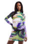 Фото #2 товара ASOS DESIGN long sleeve twist detail mini dress in purple swirl print