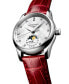 ფოტო #3 პროდუქტის Women's Swiss Automatic Master Diamond (1/20 ct. t.w.) Red Leather Strap Watch 34mm