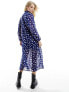 Wednesday's Girl tie neck tiered midi polka dot dress in blue